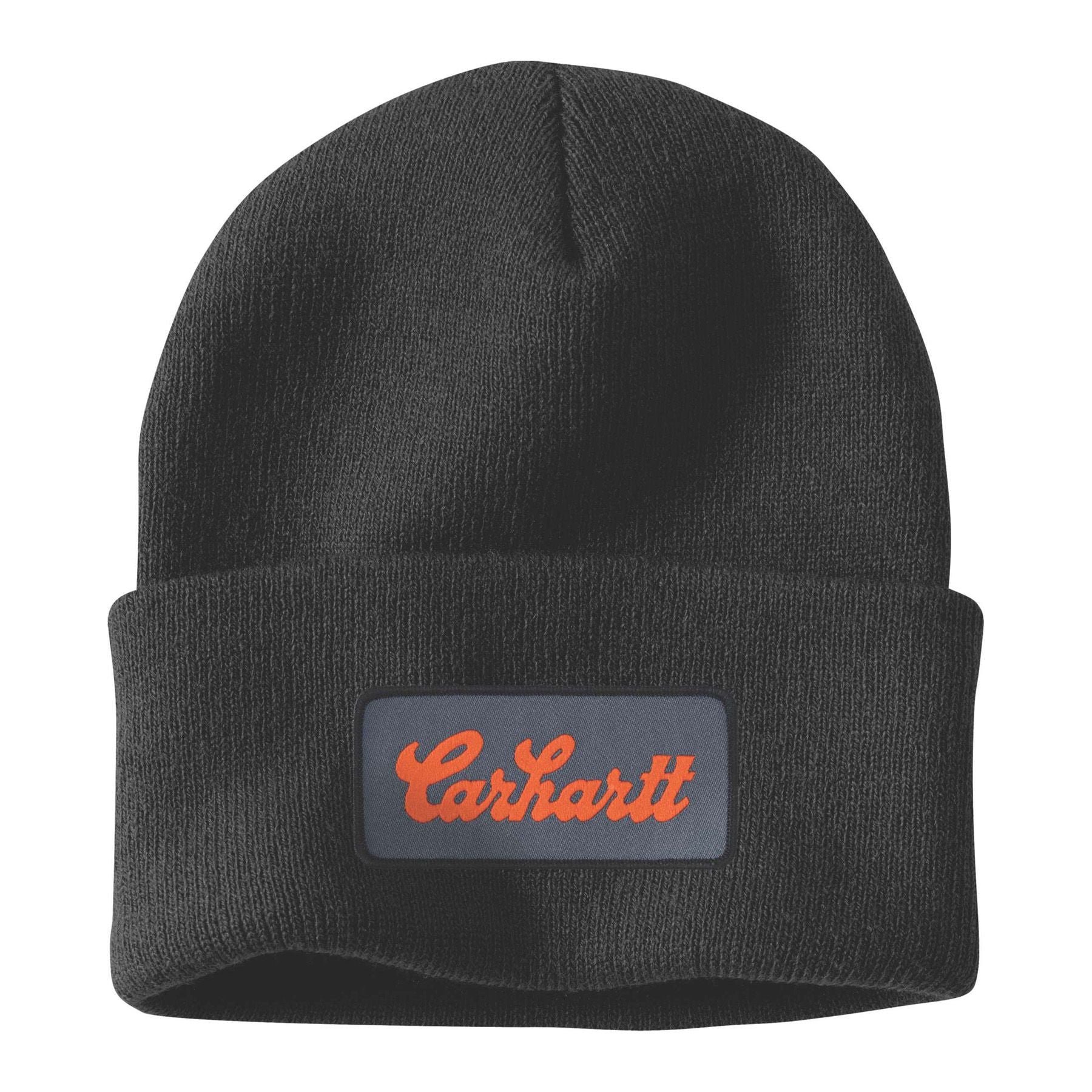 Knit Cuffed Script Patch Beanie, Black