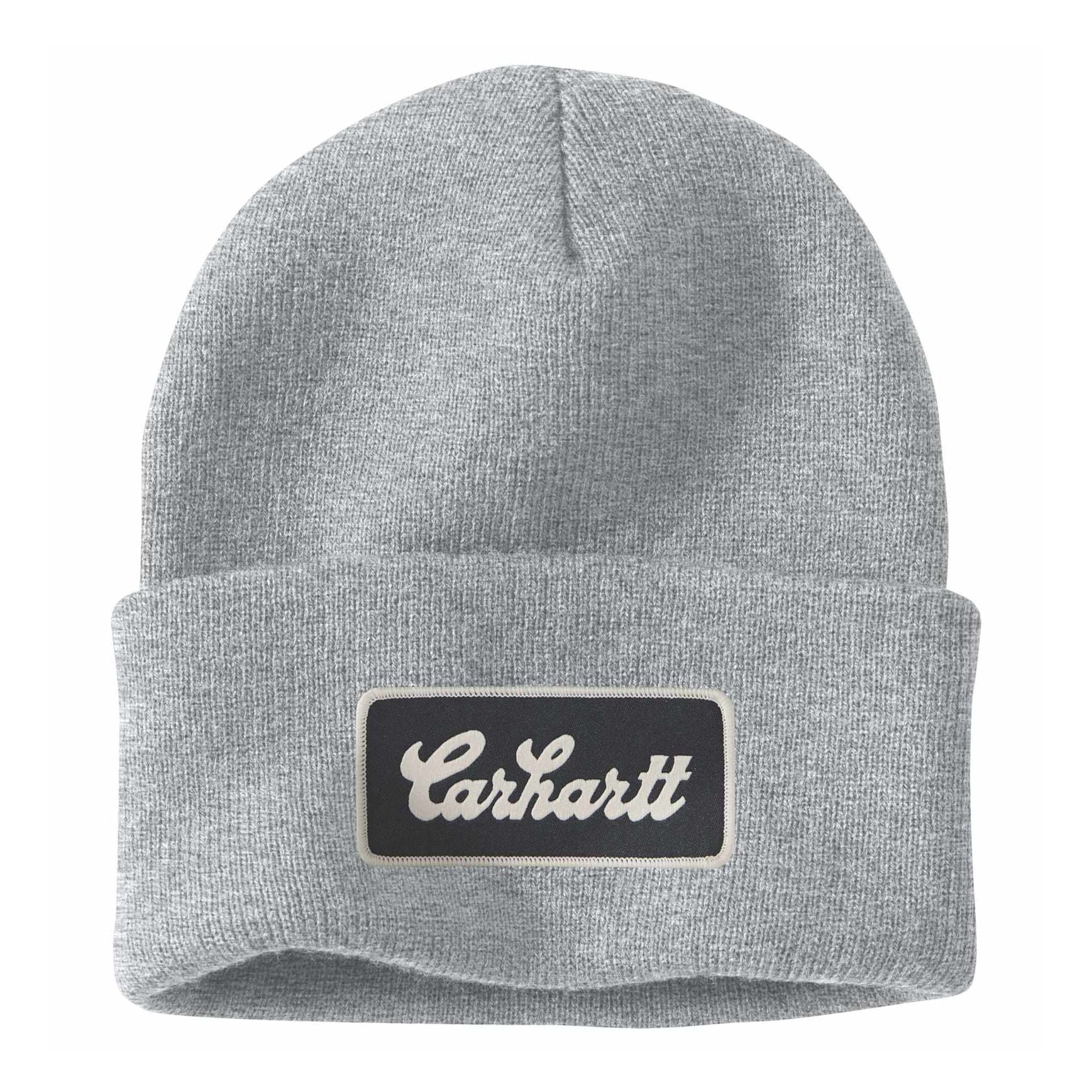 Knit Cuffed Script Patch Beanie, Heather grey