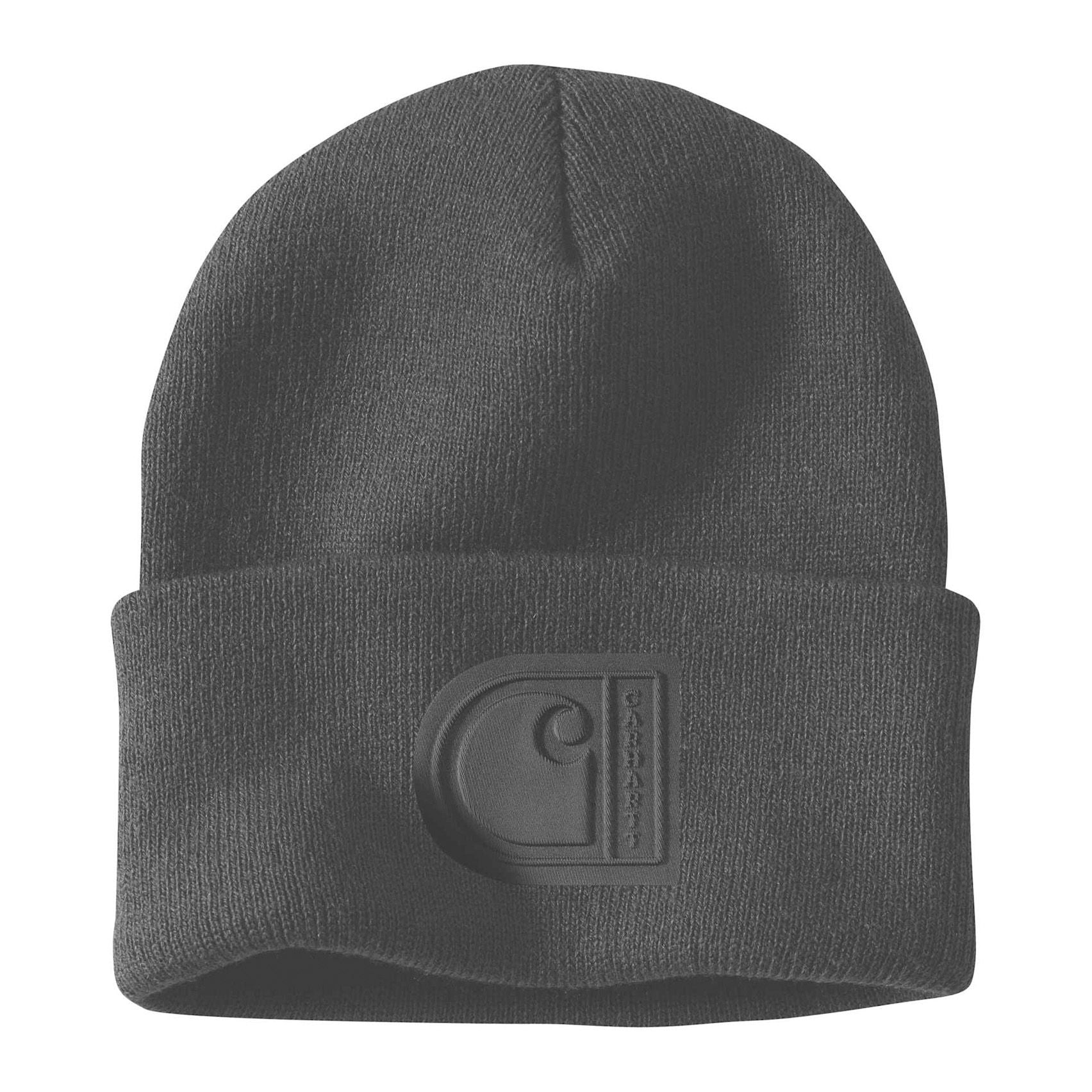 Knit Cuffed C Patch Beanie, Black