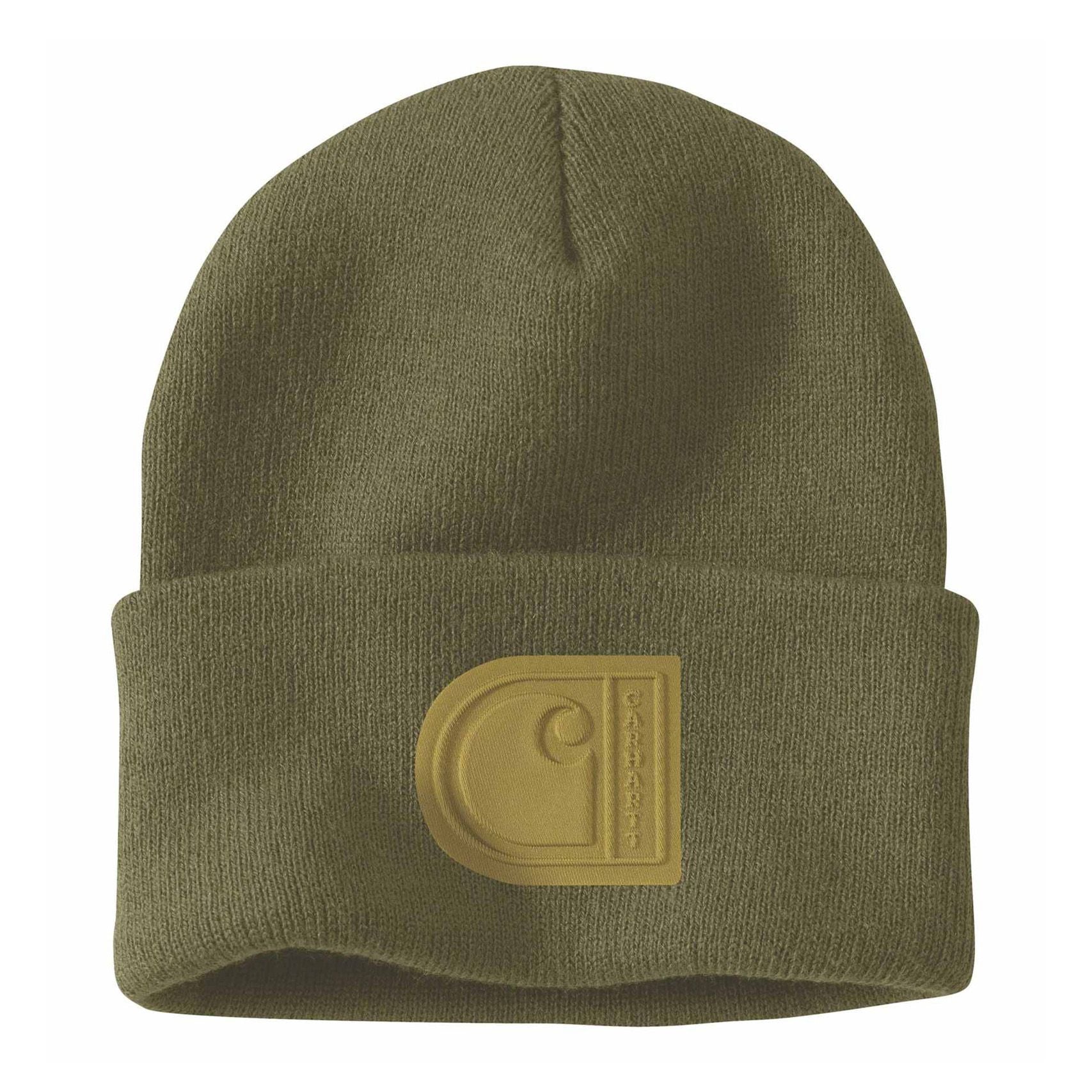Knit Cuffed C Patch Beanie, Dark bronzed green